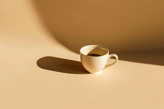 Minimal coffee cup with long shadow on beige background warm sunlight aesthetic clean still life composition