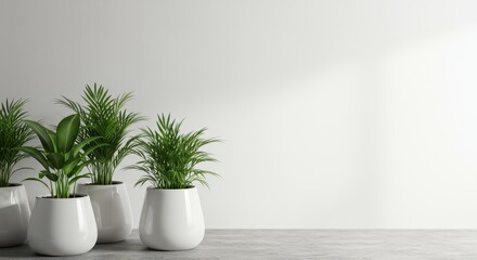 Fototapeta premium Minimalist display of lush green pot plants sitting in modern white containers resting on a textured gray concrete surface against a bright white background, planter, aesthetic, fern