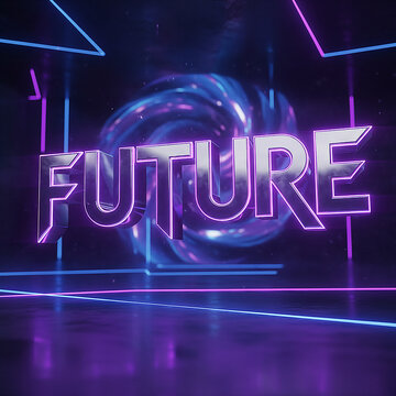 An artistic rendering of the word FUTURE in a futuristic setting