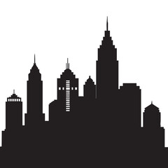 Naklejka premium Urban skyline vector silhouette illustration displays diverse skyscraper designs including pointed towers tiered buildings flat roofs representing generic metropolitan city center architectural view