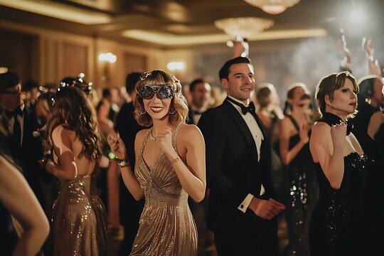 Elegant 1920s-themed party, guests in flapper dresses and tuxedos, art deco motifs and lavish decorations, capturing the opulence of the Roaring Twenties.