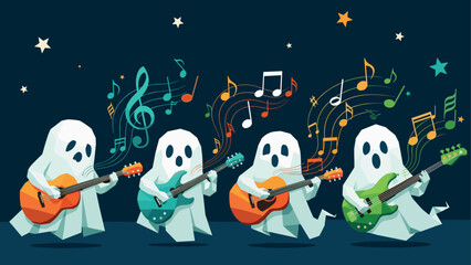 Ghost band jamming: cute spirits playing electric guitars under a starry sky