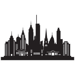 Fototapeta premium Detailed urban skyline silhouette city landscape with various buildings and architectural structures creating a panoramic view of modern metropolis against a clear white background illustration