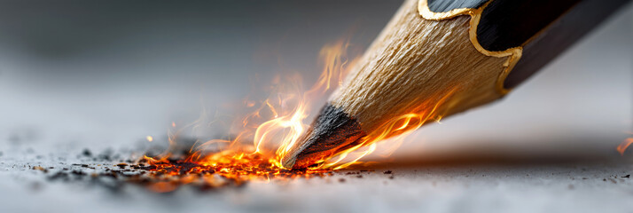 Extreme Close-up of a Pencil Igniting as it Draws, Burning the Paper to Symbolize Explosive Creativity and Unstoppable Inspiration. Ideal for Business, Education and Artistic Concepts. Generative Ai.