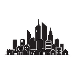 Cityscape silhouette featuring residential houses in foreground and tall commercial skyscrapers in background representing urban density and residential real estate development in modern metropolitan