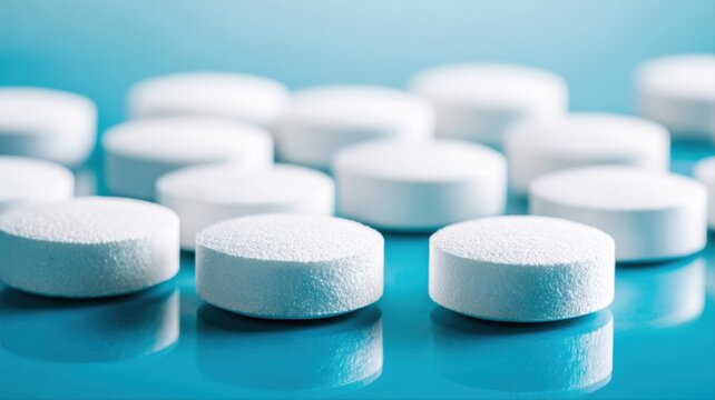 White Pills on Blue Surface: Medical Treatment, Healthcare, Pharmaceutical Products, Medication, Antibiotics, Pain Relief