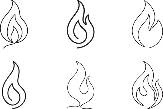  One line fire outline icon set with abstract flame shapes, modern minimal symbols on white