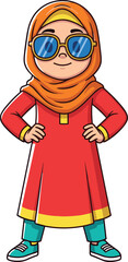 Cute cartoon Muslim girl character wearing orange hijab and blue sunglasses standing confidently, young child in traditional modest clothing for kids concept