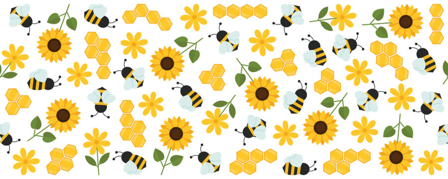 Seamless pattern with bees sunflowers flowers and honeycombs. Bright summer nature background in flat style