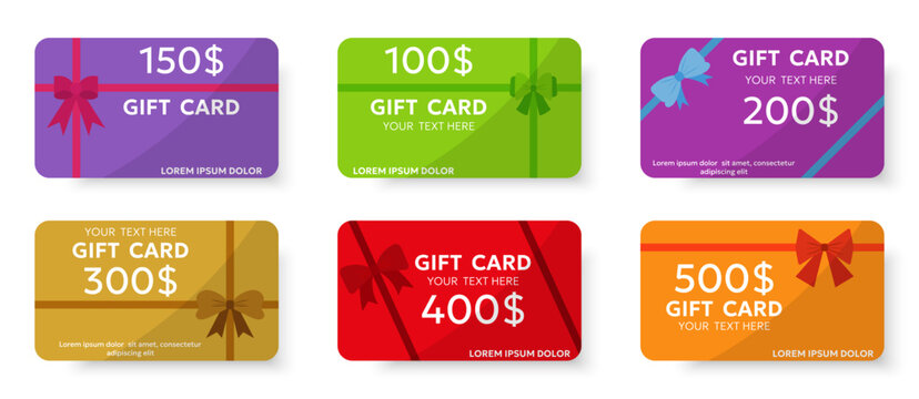 Colorful gift card templates collection with ribbons. Voucher designs for shopping and promotions in flat style