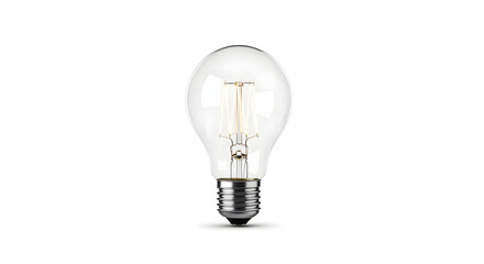 A bright light bulb standing alone on a white background with a sleek metal base