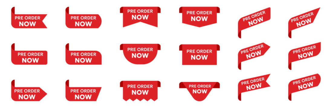 Pre order now ribbon labels collection in red style. Promotional call to action banners in flat design