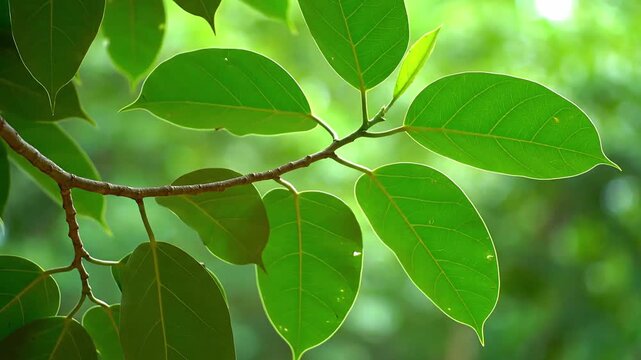 Green ficus tree branch with large oval leaves swaying gently in breeze with soft tropical light