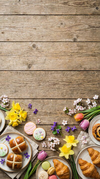 Easter brunch invitation with pastries and flowers on wooden table  