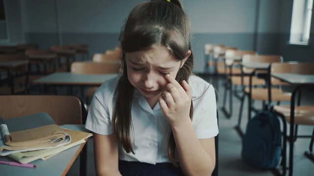Sad schoolgirl crying in empty classroom with books and backpack on desk, expressing stress and emotional distress during study time at school environment.