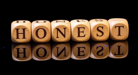 Honest Blocks Concept: Wooden Cubes Spelling 'Honest' with Reflection on Black Background, Integrity and Transparency
