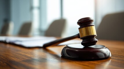 Fototapeta premium Wooden Gavel on Polished Table: Symbol of Justice, Law, Courtroom, and Legal Decision Making