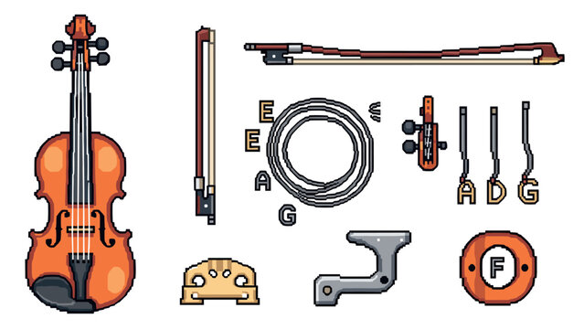 Pixel art violin tutorial: exploded view with bow, strings, and components