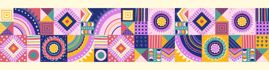 Fototapeta premium Retro hand drawn seamless pattern, bold shapes background, great for textiles, banners, wallpapers, wrapping - vector