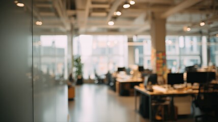 Fototapeta premium Blurred Office Interior with Desks and Natural Light, Suitable for Background or Overlay Use