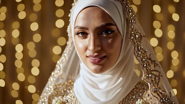 Beautiful muslim bride in white hijab smiling happily