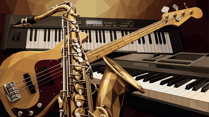 Geometric musical instruments with digital piano and saxophone