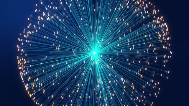 Abstract Representation Of Rapid Data Transmission In Quantum Network. Bright Fiber Optic Lines And Binary Digits Expand From Central Light Source, Symbolizing AI And Cloud Computing.