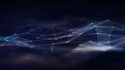 Futuristic Digital Landscape Featuring Blue Neural Network Lines.  Abstract Background Represents Cloud Computing, Fiber Optic Data Flow, Big Data, Analytics And Advanced AI Connectivity.