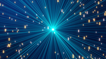 Abstract Representation Of Rapid Data Transmission In Quantum Network. Bright Fiber Optic Lines And Binary Digits Expand From Central Light Source, Symbolizing AI And Cloud Computing.