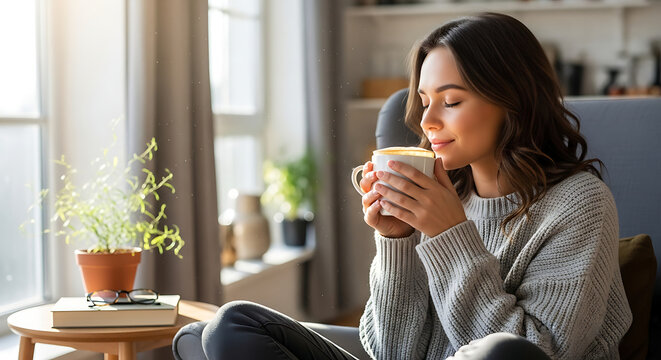 Serene young woman savoring a warm beverage in her cozy sunlit home, finding comfort and tranquility during a quiet moment