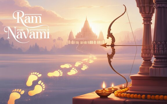 Serene Ram Navami festival background featuring glowing footprints leading to Ayodhya temple
