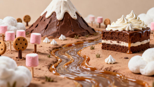 Edible landscape featuring chocolate mountain, caramel river, and cake slice with marshmallow clouds