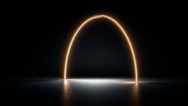 Glowing golden arch in a dark setting with reflections on the floor