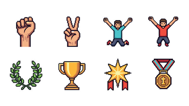 Pixel art icons of victory and achievement with trophy and laurel wreath