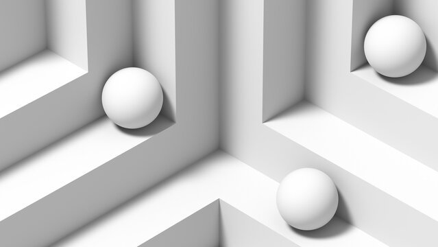 Minimal architectural scene featuring white walls and balls