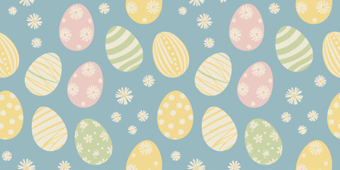 Colorful Easter eggs and flowers on blue background for holiday decoration and celebration