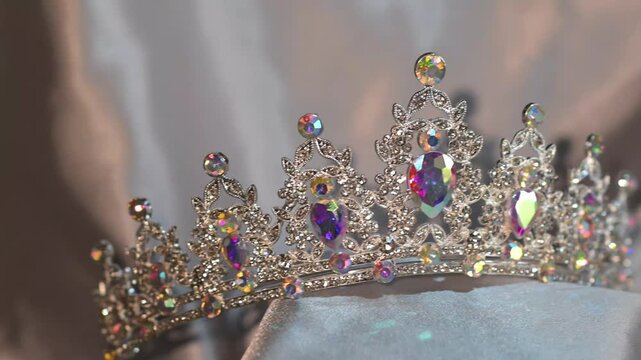 Royal golden crown with aurore boreale crystals on dark background. Luxury vintage.