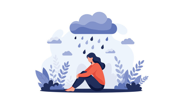 Sad woman sitting alone under a dark raining cloud among plants representing emotional distress and depression in flat vector style.