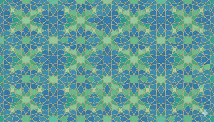 Fototapeta premium Islamic geometric seamless pattern in blue and green, traditional Arabic ornament vector background, elegant oriental mosaic texture for Ramadan design