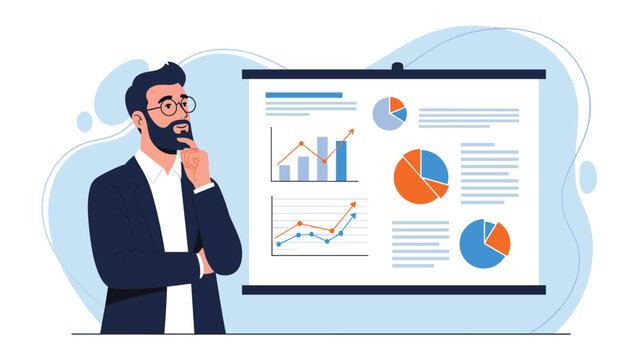 Thoughtful professional man looking at data charts and graphs on a whiteboard analyzing business performance in flat illustration.