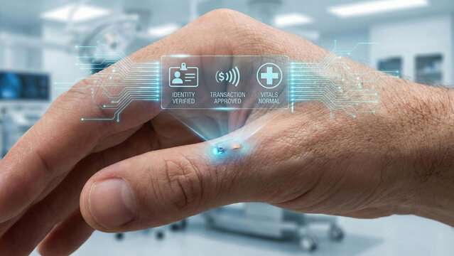 Human hand with glowing RFID microchip implant under skin, holographic interface displaying digital ID and contactless payment data, futuristic medical technology concept.