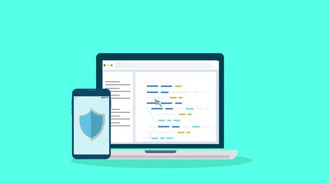 Laptop displaying programming interface with smartphone security shield icon, representing mobile application protection, secure development, and digital technology.
