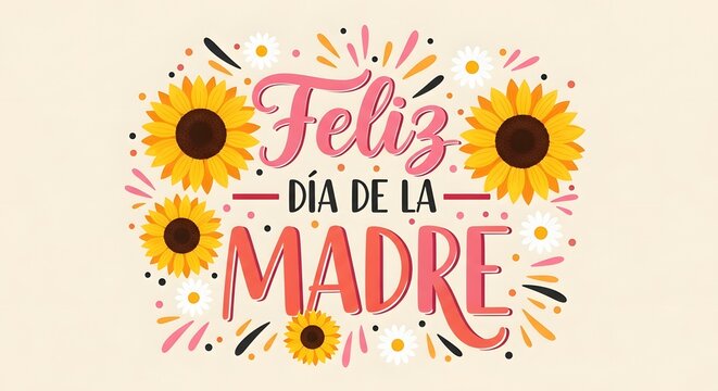 Happy mothers day in spanish with sunflowers and colorful confetti on beige background