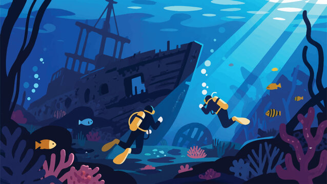 Illustration Of A Diver Exploring An Old Shipwreck On The Seabed, Sunlight Penetrating The Dark Blue Water Vector Design Template