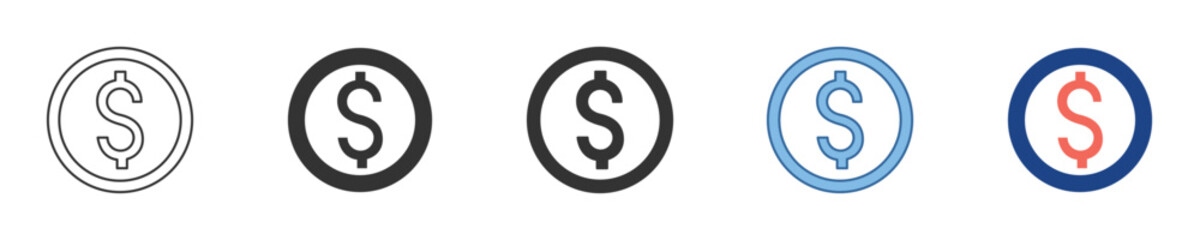 Obraz premium Collection of contemporary dollar coin icons in various styles, symbolizing financial transactions, currency, and economic value for web design and business applications