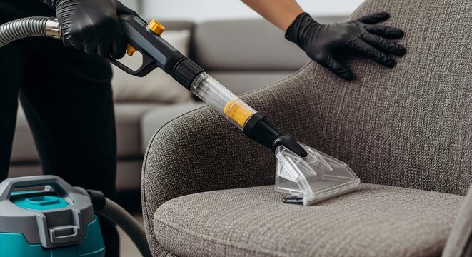 Professional cleaner with black gloves uses upholstery cleaner on armchair, deep cleaning furniture