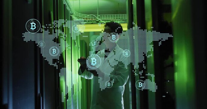 Animation of interface with world map and green processing data