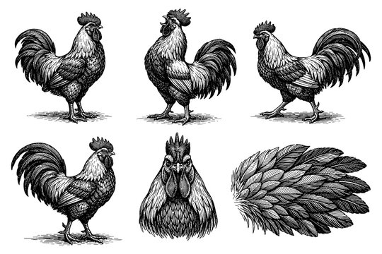 Detailed vintage rooster engravings in multiple poses