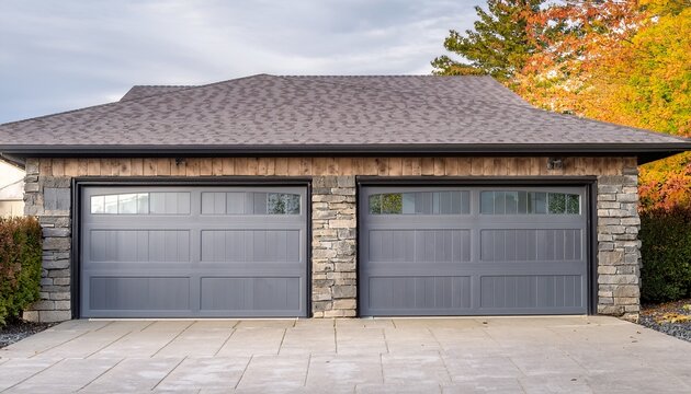 a home s exterior showcasing gray double garage doors and a stone wall with plenty of copy space for images