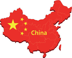 Detailed three dimensional map of China featuring the red national flag with yellow stars isolated on white background vector.